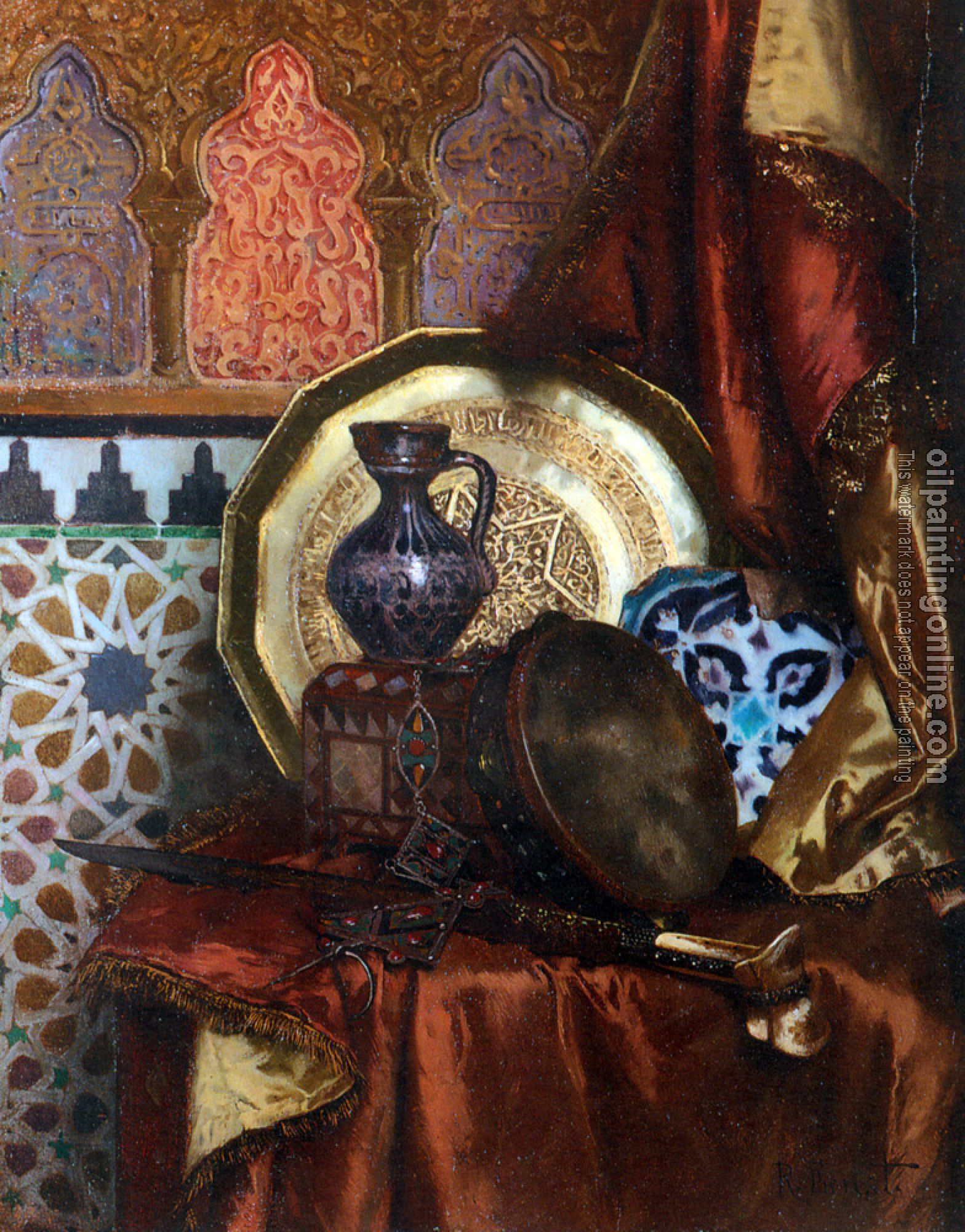 Ernst, Rudolf - A Tambourine, Knife, Moroccan Tile and Plate on Satin covered Table